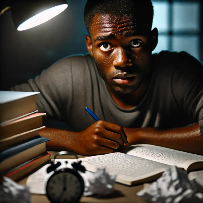 A young Black man studying in a dimly lit room, sitting at a desk cluttered with books and notes. He has a worried expression on his face, eyes wide a